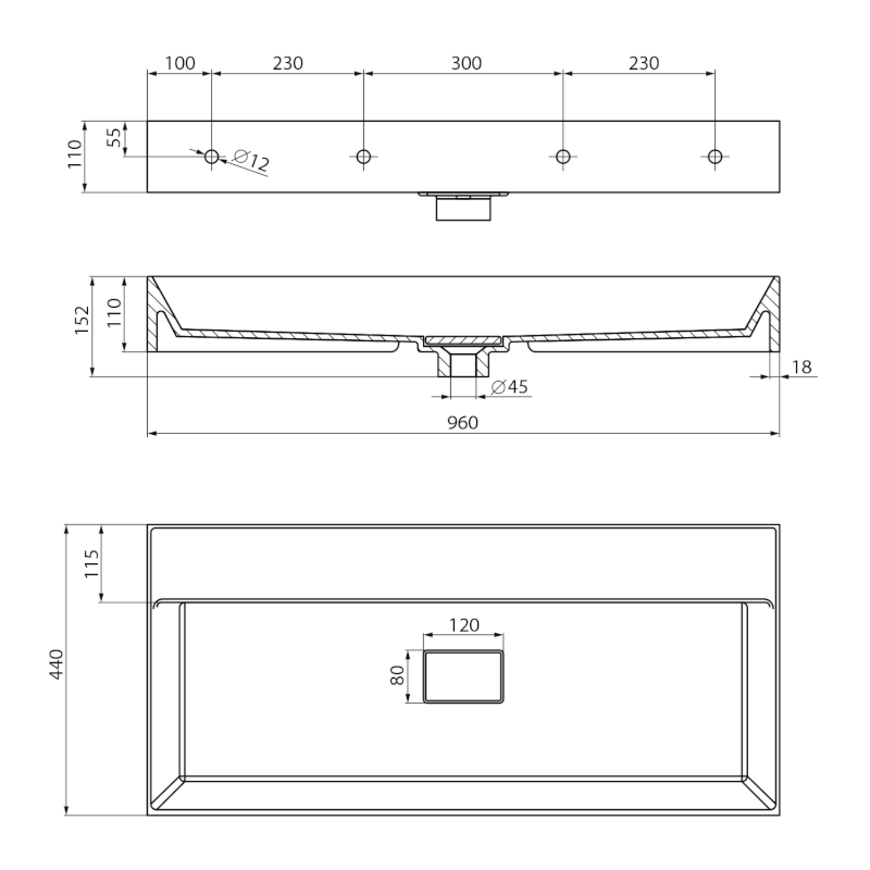 GODIVA umyvadlo, litý mramor, 96x44cm, bez otvoru, bílá GU096-0