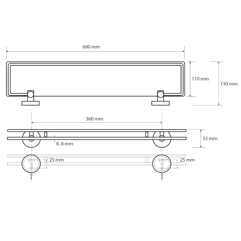 X-ROUND E polička skleněná s výklopnou hrazdou 600x130mm, mléčné sklo, chrom XR600