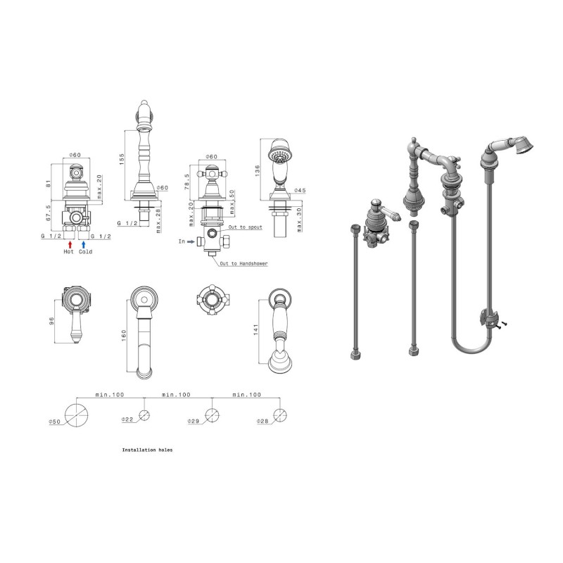 VIENNA čtyřprvková baterie na okraj vany s retro hubicí, chrom VO930