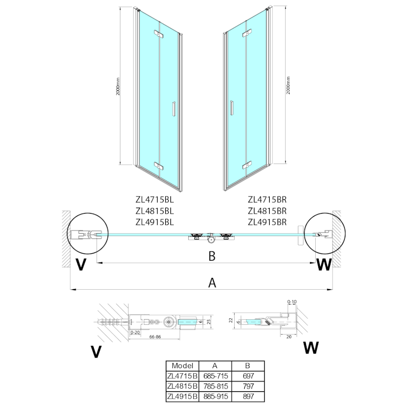 ZOOM BLACK sprchové dveře skládací 900mm, čiré sklo, pravé ZL4915BR