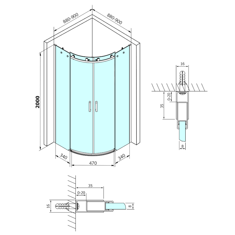 DRAGON čtvrtkruhová zástěna 900x900 mm, sklo čiré GD4490