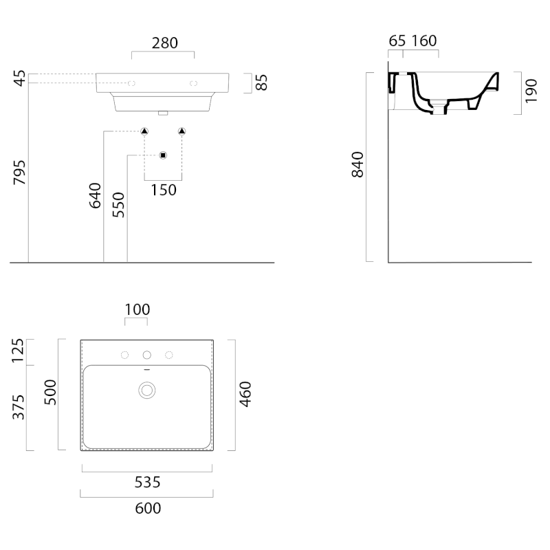NUBES keramické umyvadlo 60x50cm, bez otvoru, bílá mat 9631009