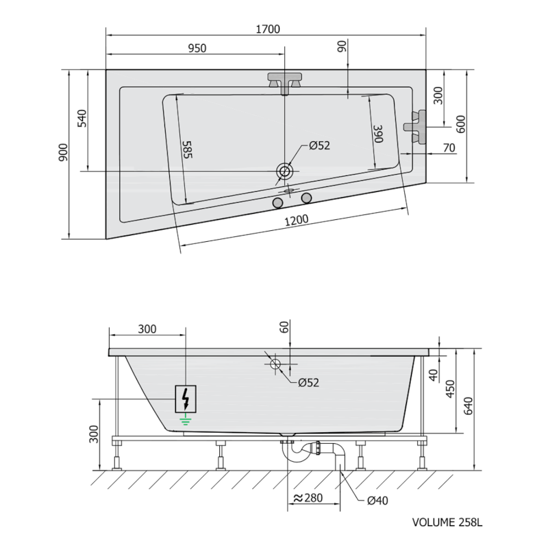 ANDRA L hydromasážní vana, 170x90x45cm, Attraction Hydro-Air, chrom 81111.4010