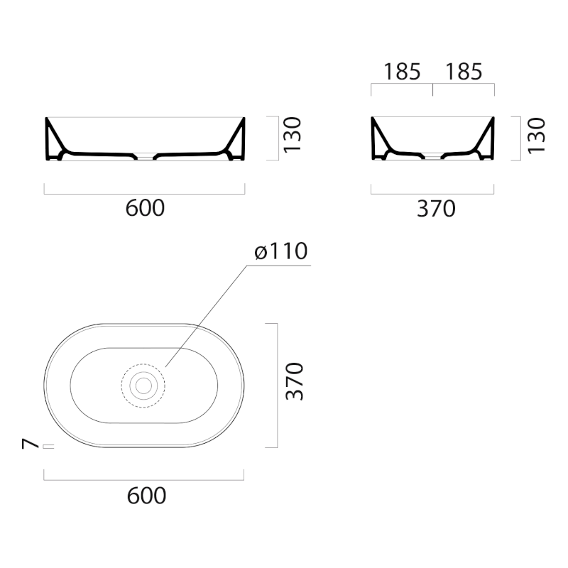 KUBE X keramické umyvadlo na desku, 60x37cm, oválné, černá mat 945826