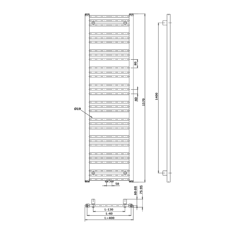 ALBRECHT otopné těleso 400x1570 mm, středové připojení, černá mat 600.113.6