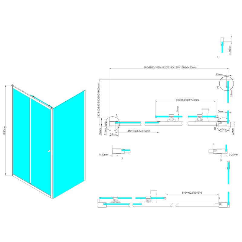 UGGA posuvné sprchové dveře 1000 mm, sklo Brick, bílá AWS100