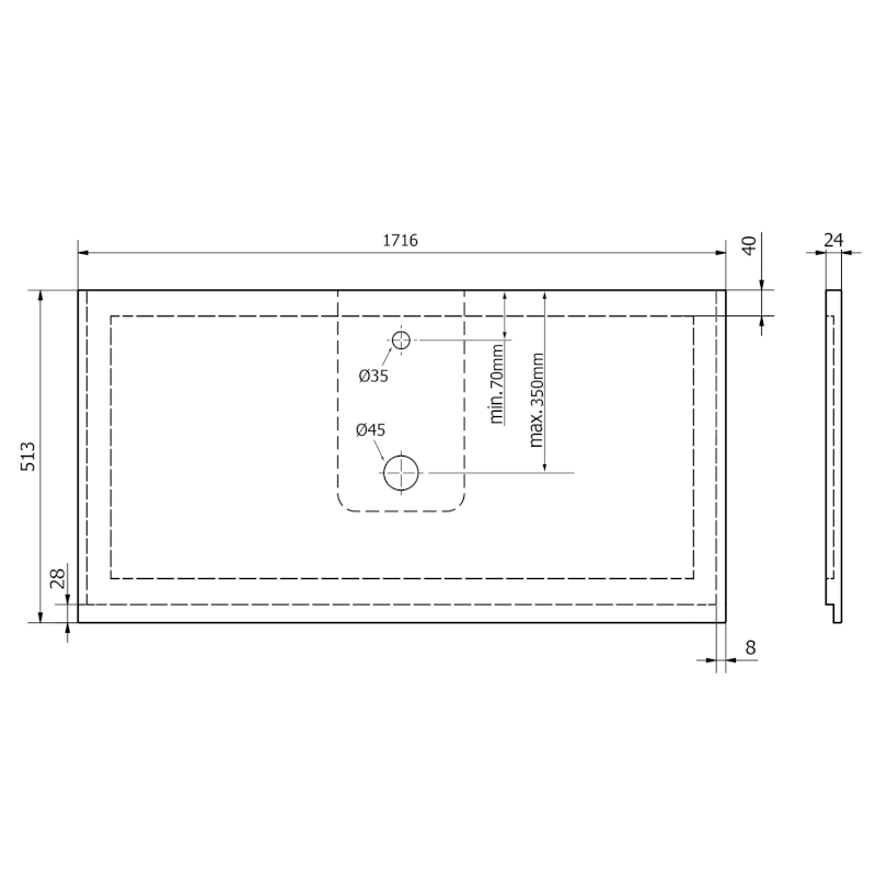 TREOS pracovní deska 1716x513 mm, rockstone, bílá mat TX172-0101