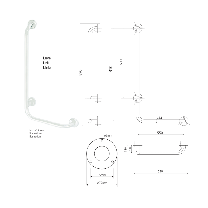 HANDICAP nástěnné madlo LEVÉ 810x550mm, nerez lesk XH522