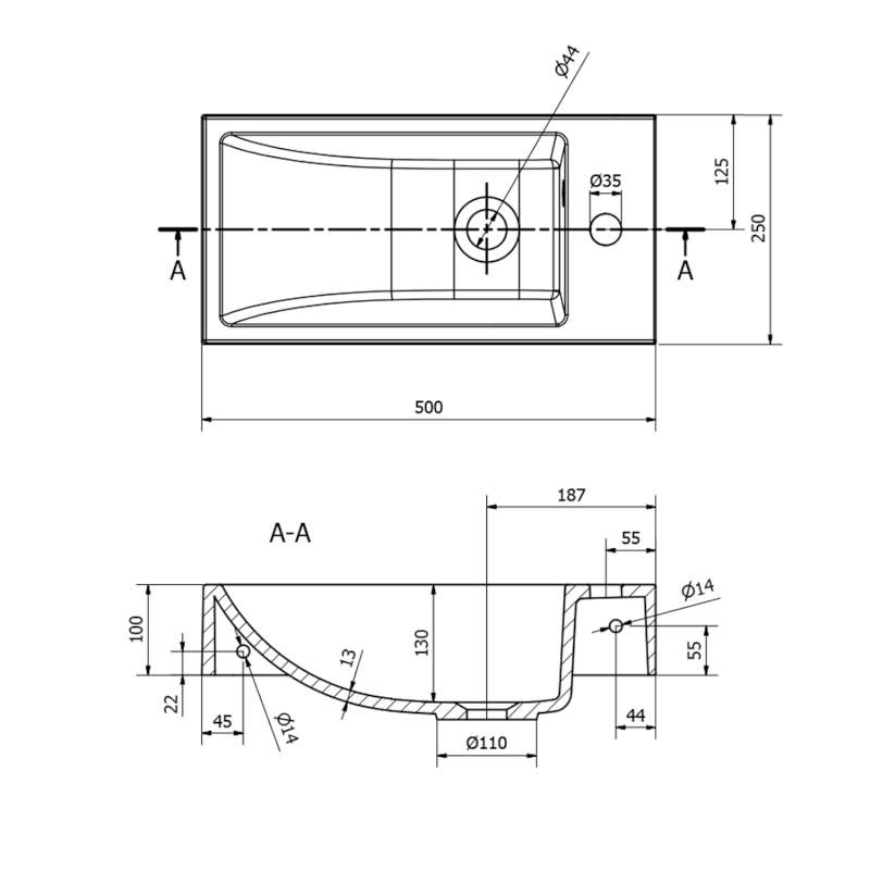 ARIANA umývátko, litý mramor, 50x25cm, baterie vpravo, černá mat SM016B