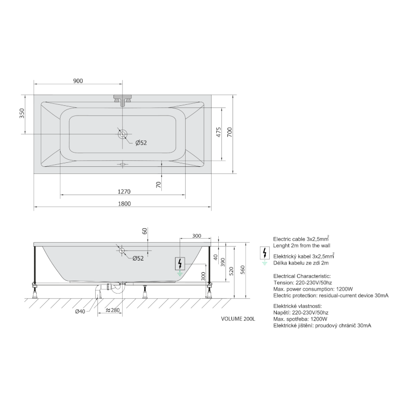 KRYSTA hydromasážní vana, 180x70x39cm, Highline Hydro, chrom 72906.5010