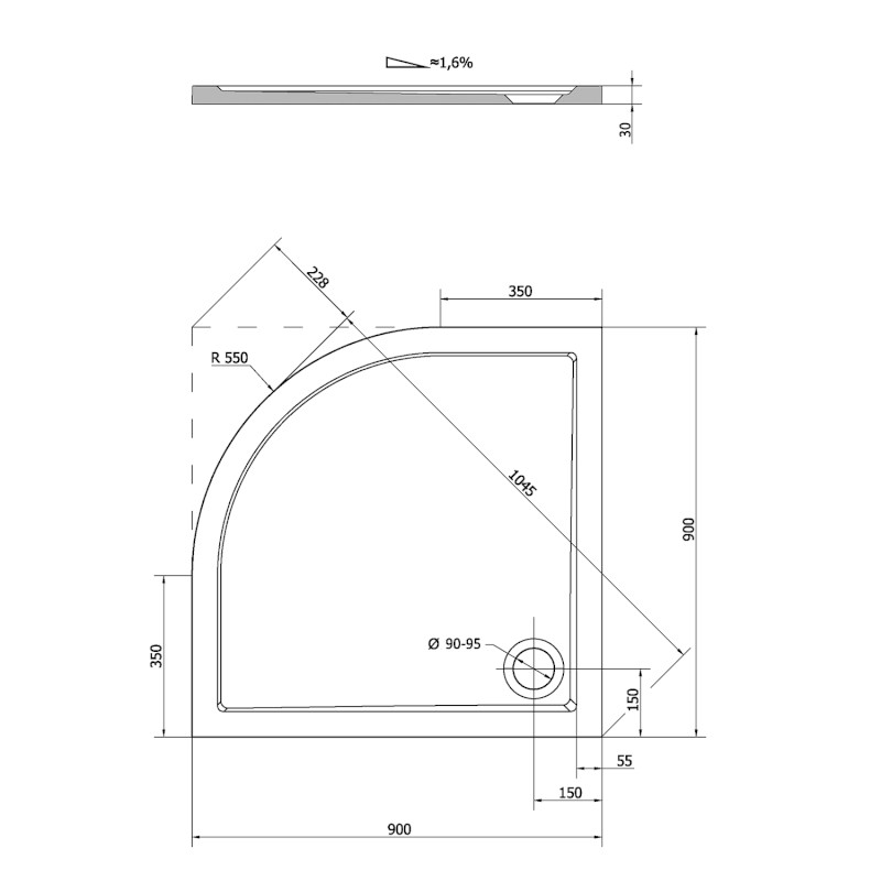 SERA sprchová vanička z litého mramoru, čtvrtkruh 90x90cm, R550, bílá 41511
