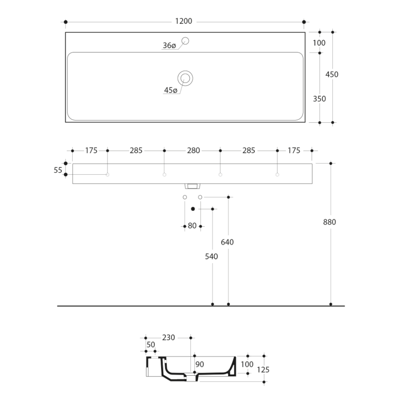 CENTO keramické umyvadlo 120x45cm, bílá 353401