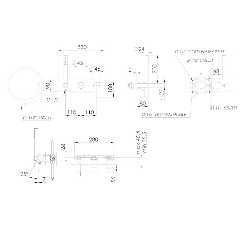 PAX podomítková sprchová/vanová baterie s ruční sprchou, 3 výstupy, chrom XA53