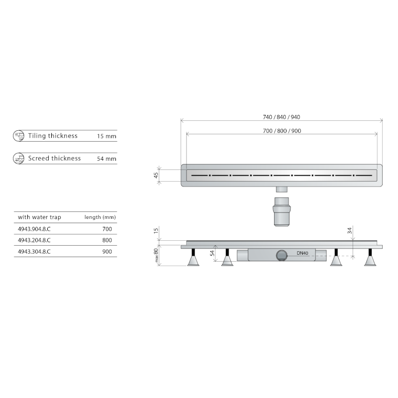 RENOVA ECO LINE podlahový žlab s nerezovým roštem, L-940, DN40 4943.304.8C