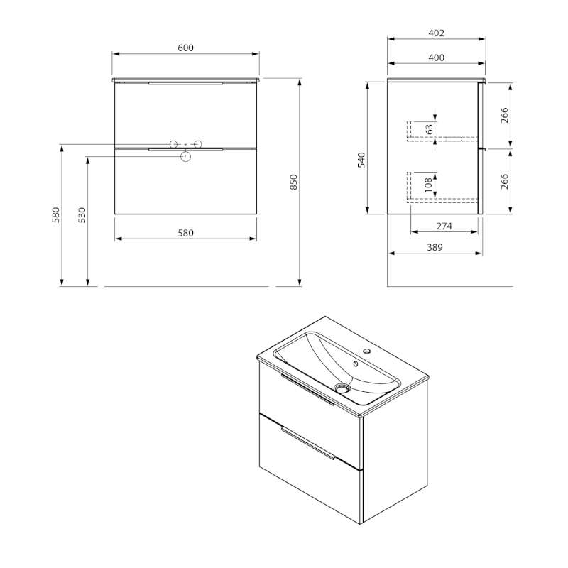 CIRASA umyvadlová skříňka 58x54x39cm, dub alabama CR592-2222