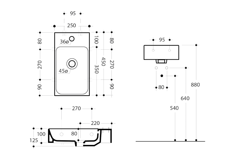 CENTO keramické umývátko 45x25cm, pravé/levé, bílá 353701