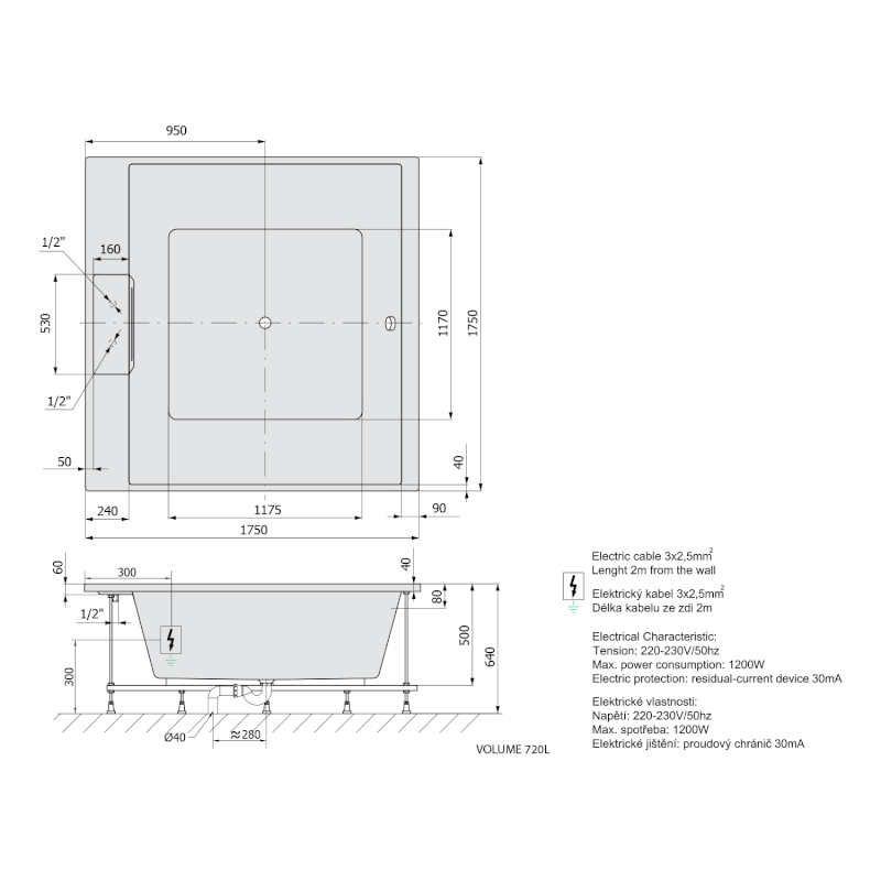 CAME FALLS hydromasážní vana, 175x175x50cm, Attraction Hydro-Air, chrom 23611F.4010