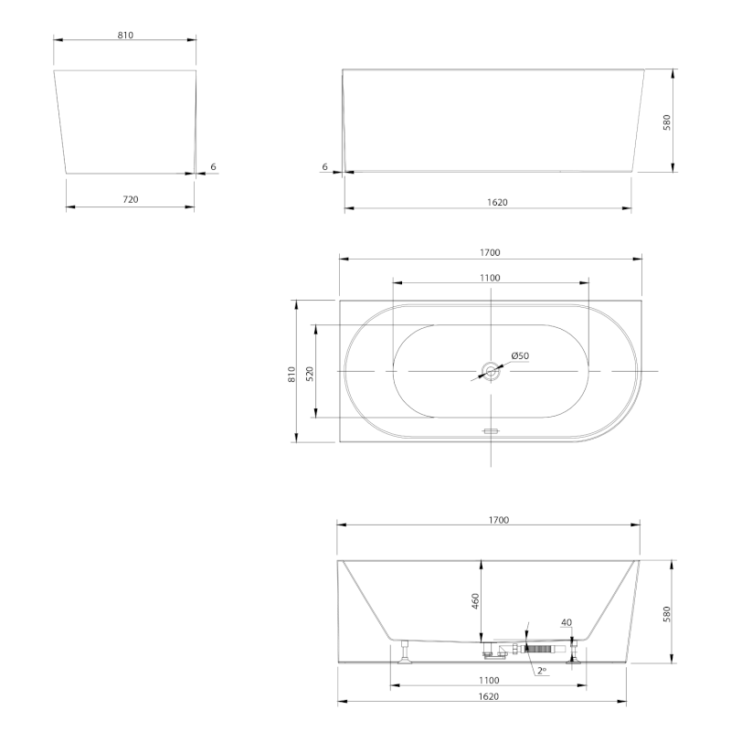 TIBERA L rohová stojící vana, 170x80cm, bílá E1026