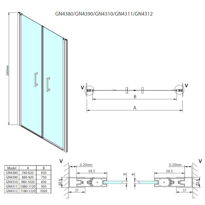 LORO sprchové dveře dvoukřídlé 1100mm, čiré sklo GN4311