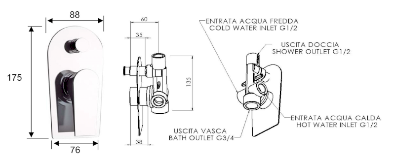 AXAMITE podomítková sprchová baterie, 2 výstupy, chrom AX42