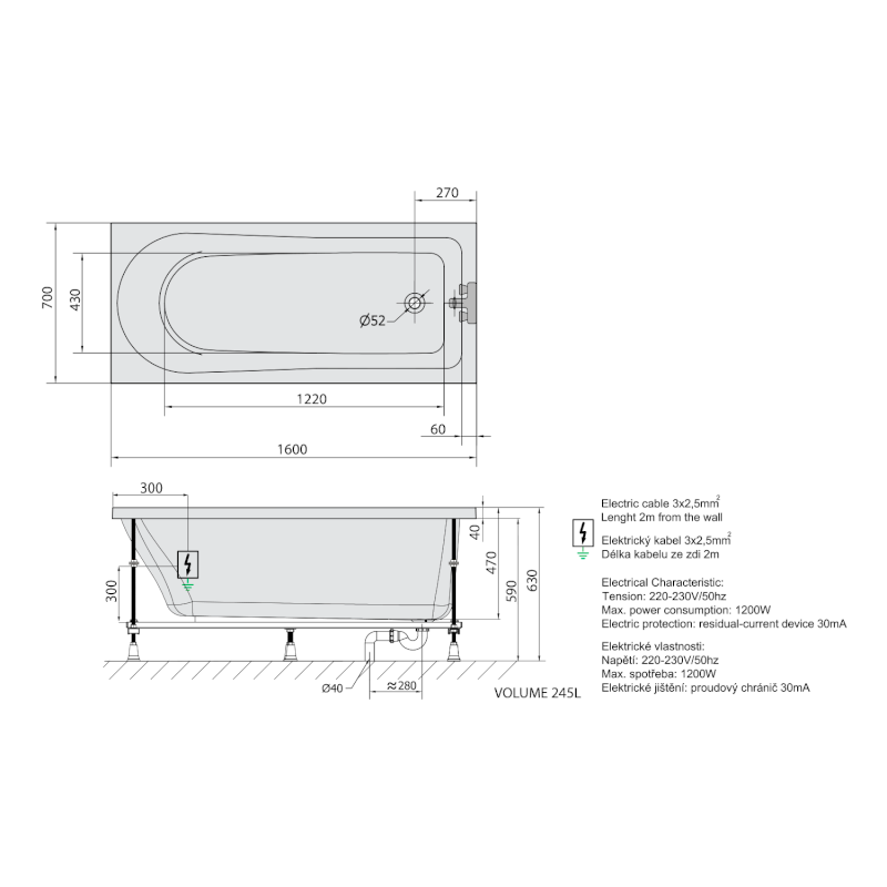 LISA hydromasážní vana, 160x70x47cm, Highline Hydro, chrom 86111.5010