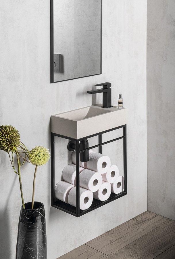 CREST R betonové umývátko, nástěnné, včetně výpusti, 40x22cm, bílý pískovec AR413