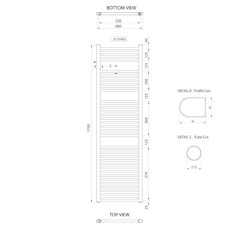 ALYA otopné těleso rovné 600x1703mm, chrom LLR106