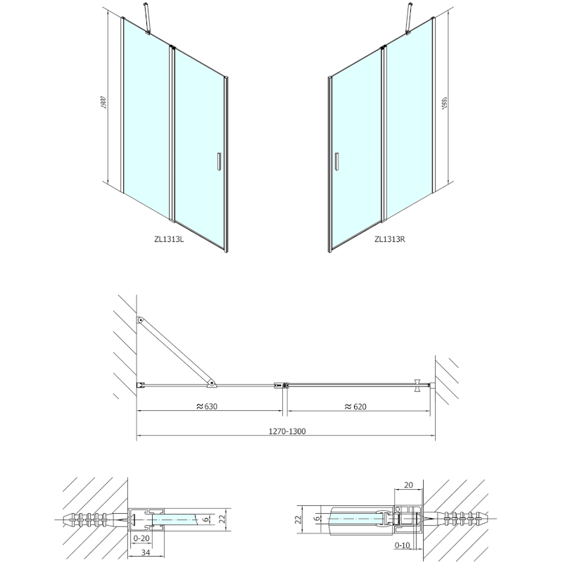 ZOOM sprchové dveře 1300mm, čiré sklo ZL1313