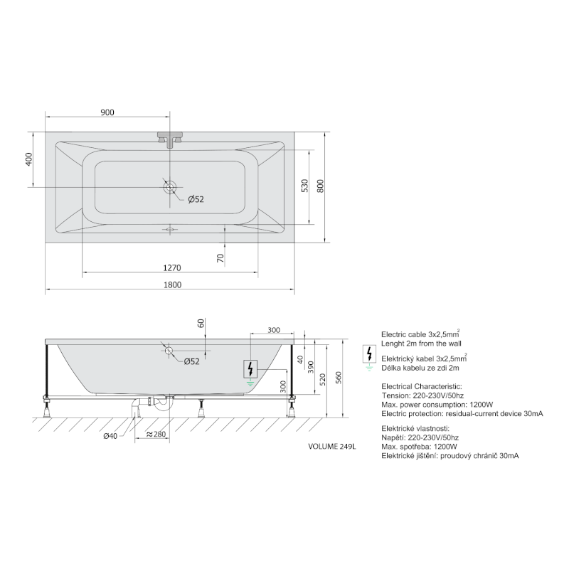KRYSTA hydromasážní vana, 180x80x39cm, Attraction Hydro, chrom 71710.3010