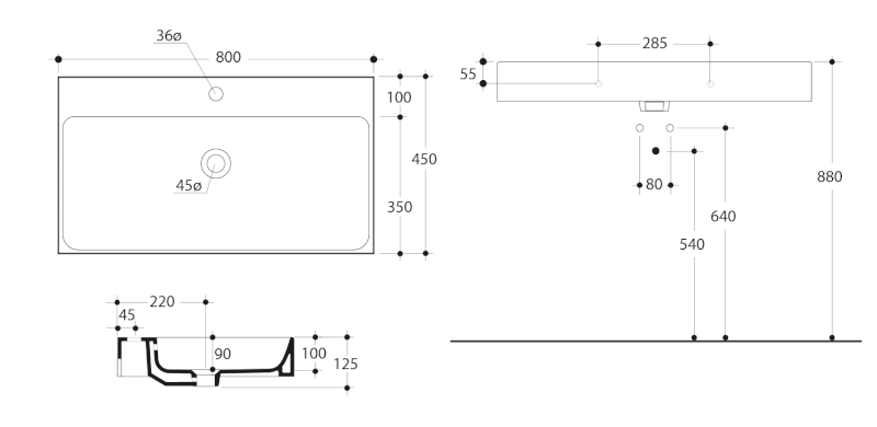 CENTO keramické umyvadlo 80x45cm, bílá 353301