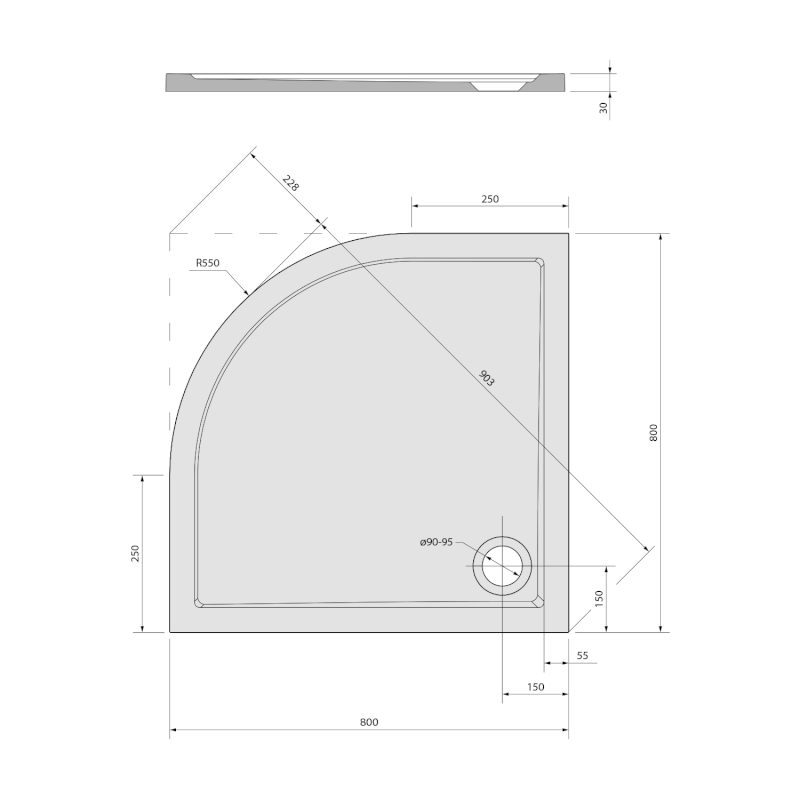 SERA sprchová vanička z litého mramoru, čtvrtkruh 80x80cm, R550, bílá 40511