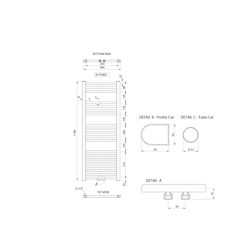 ALYA otopné těleso rovné 400x1188mm, středové připojení, chrom LLS308