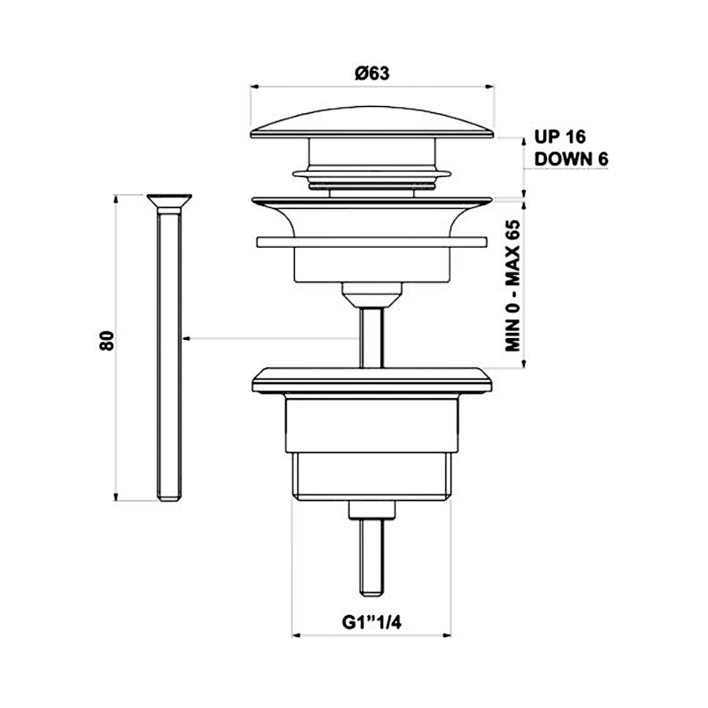 Umyvadlová výpust 5/4“, click-clack, velká zátka, 10-65mm, zlato mat CV1002G
