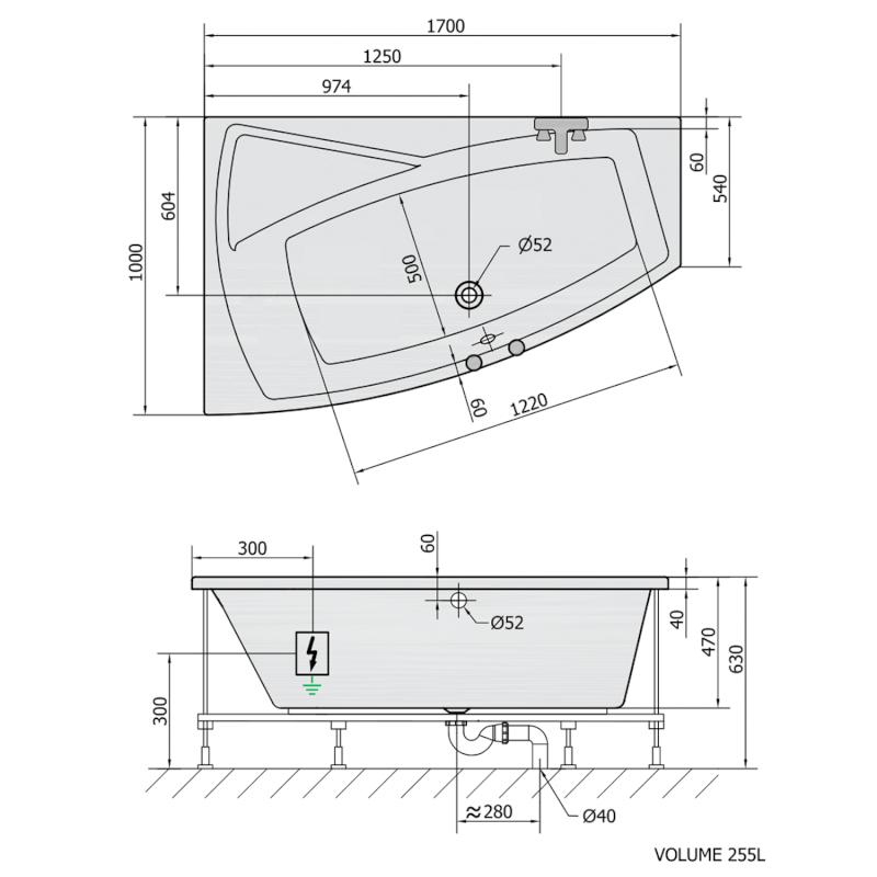 EVIA L hydromasážní vana, 170x100x47cm, Active Hydro-Air, chrom 21611.2010