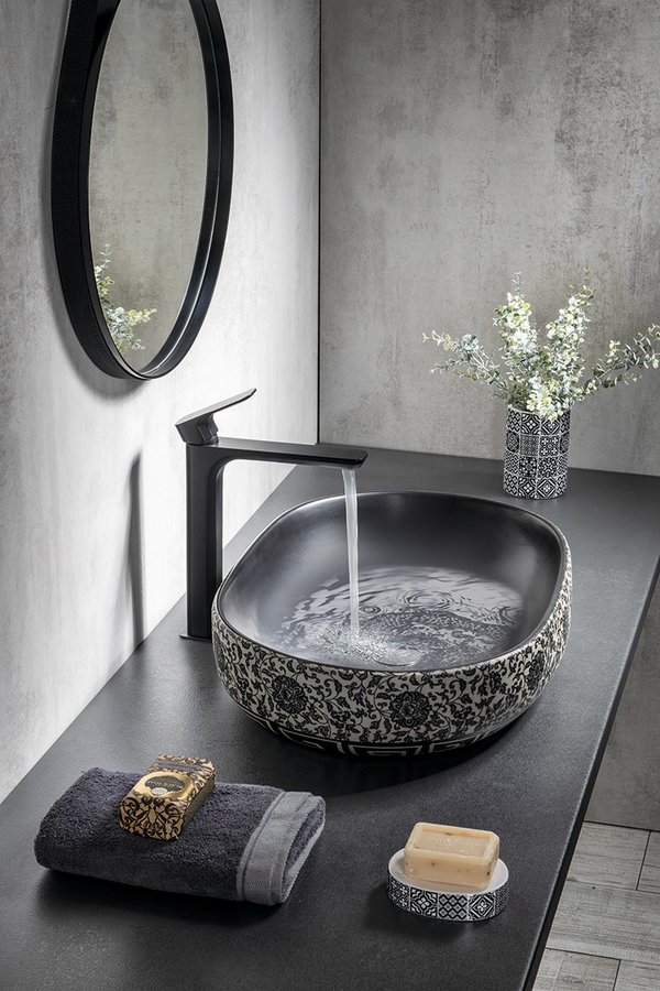 PRIORI keramické umyvadlo na desku, 60x40 cm, černá s modrým vzorem PI026