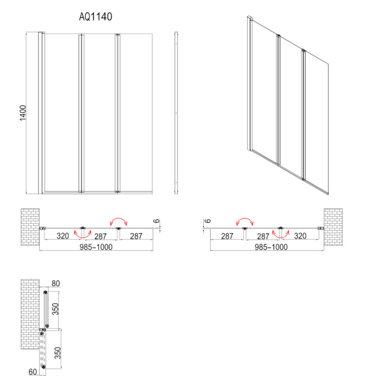 VANDA vanová zástěna skládací 1000x1400 mm, chrom, sklo matné AQ1140