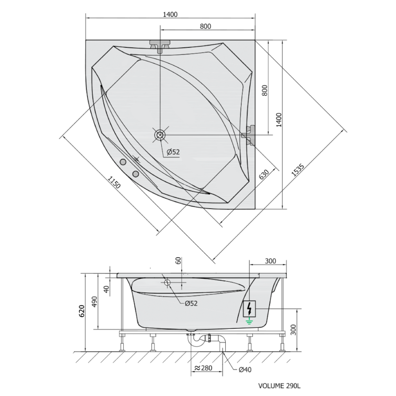 ROSANA hydromasážní vana, 140x140x49cm, Active Hydro, chrom 64119.1010