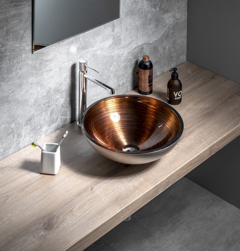 MURANO WENGE skleněné umyvadlo na desku, průměr 40cm, měděná/stříbrná AL5318-66