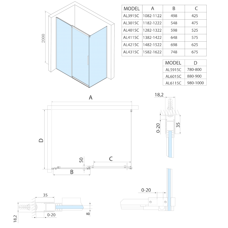 ALTIS posuvné dveře 1270-1310mm, výška 2000mm, čiré sklo AL4015C