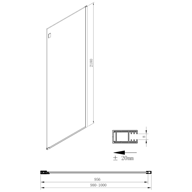 VOLCANO BLACK boční stěna 1000 mm, čiré sklo GV3410