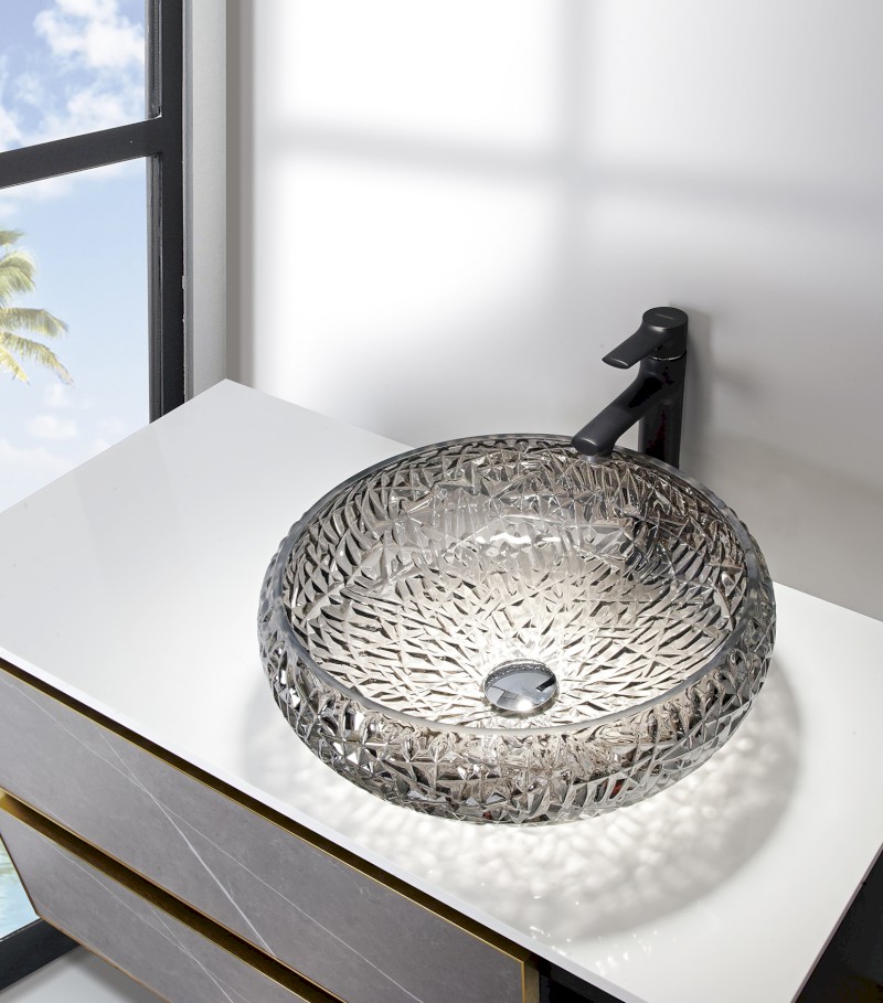 GAVIOTA skleněné gravírované umyvadlo na desku Ø 42cm, černá TY306