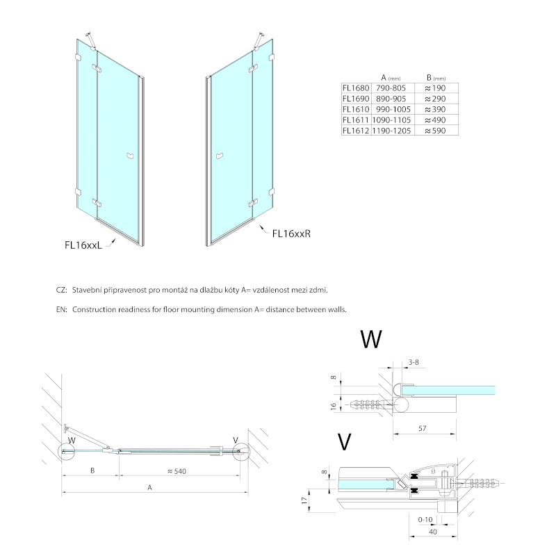 FORTIS EDGE sprchové dveře do niky 900mm, čiré sklo, pravé FL1690R
