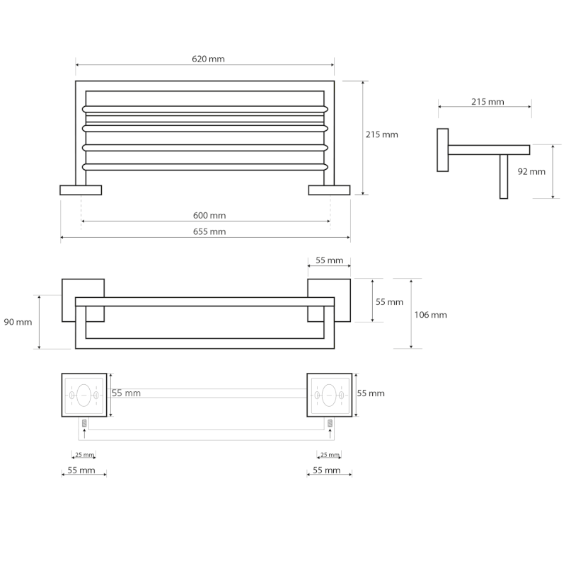 X-SQUARE polička na ručníky s hrazdou 650x110x215mm, chrom XQ601