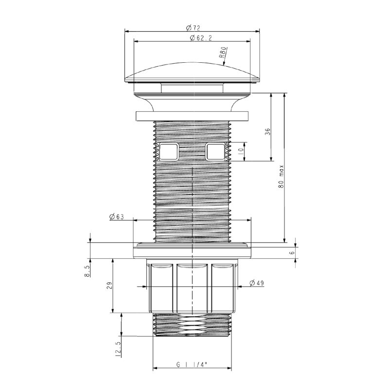 Umyvadlová výpust 5/4“, click-clack, velká zátka, 10-80mm, ABS/chrom WA43451