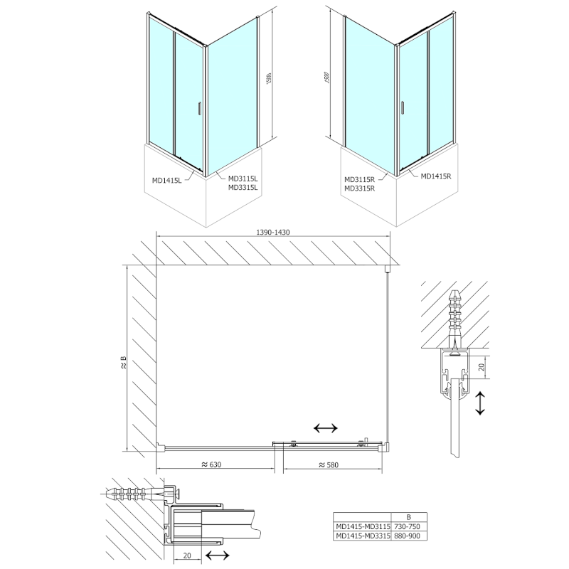DEEP boční stěna 900x1500 cm, čiré sklo MD3315
