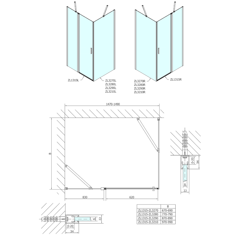 ZOOM sprchové dveře 1500mm, čiré sklo ZL1315