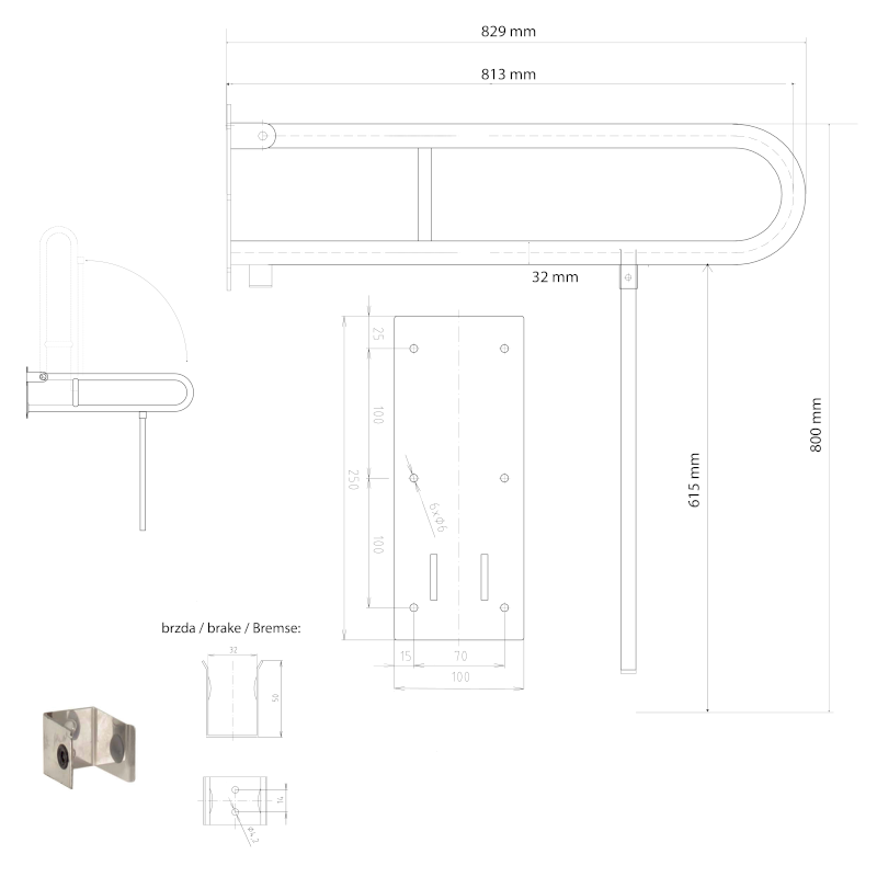 HANDICAP madlo sklopné s opěrnou nohou 813mm, bílá XH523W