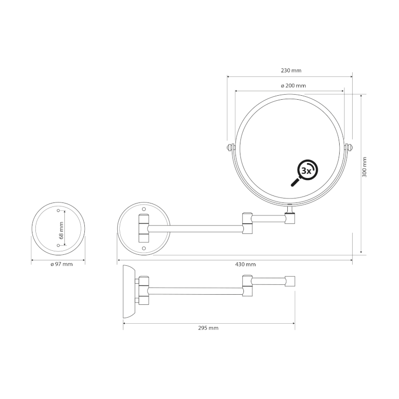 X-ROUND BLACK E kosmetické zrcátko závěsné, Ø 200mm, oboustranné, černá mat XR010B