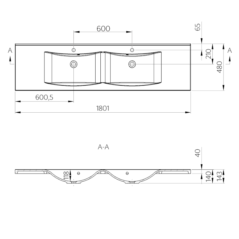 LUCIOLA dvojumyvadlo, litý mramor, 180x48cm, bílá 50184