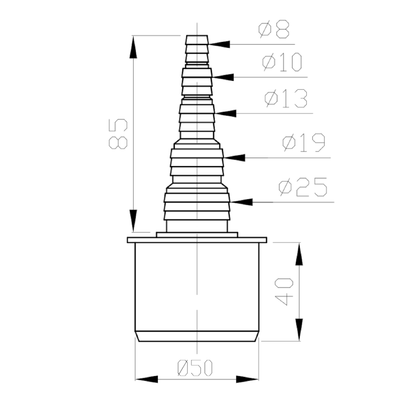 HT koncovka pro připojení hadice 8-25mm, DN50 168.456.0